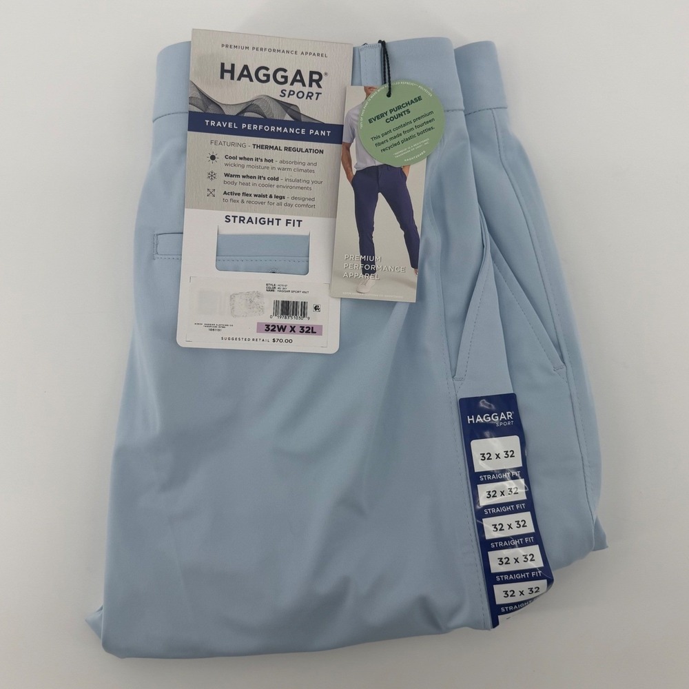 Haggar Performance Pants Mens 32x32 Sky Blue Travel Sport Knit Straight Fit New